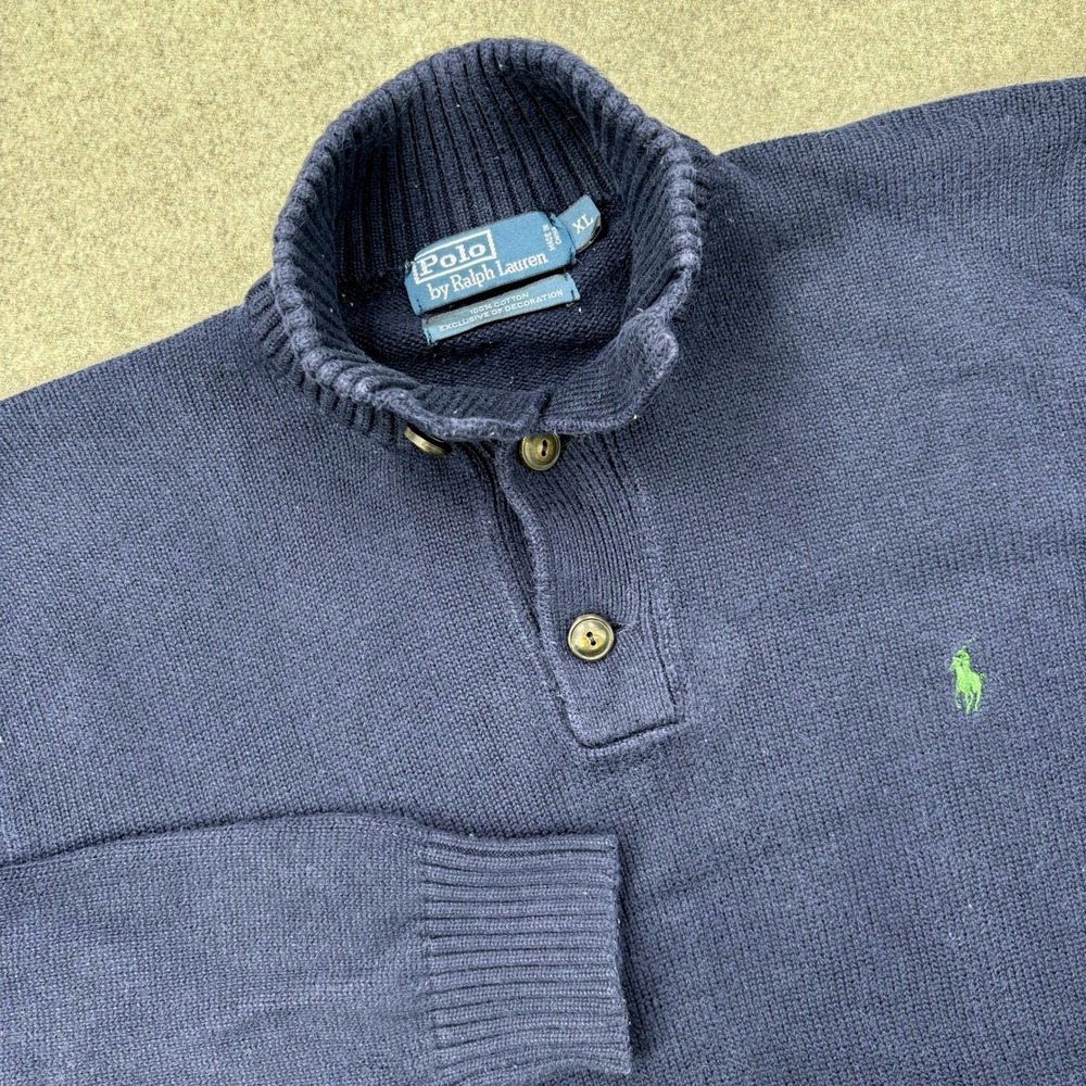 Polo Ralph Lauren 1/4 Button Mock Neck Sweater Mens‎ XL Navy Blue Cotton Preppy